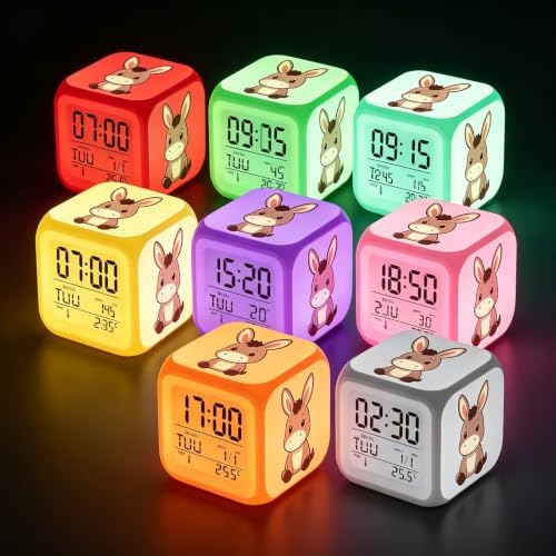 Wake Up Light Cute Cartoon Donkey Cube Alarm Clock, Battery Powered 7 Color RGB Glow Lamp, Multifunctional Thermometer Calendar Farm Animal Kids Desk Clock
