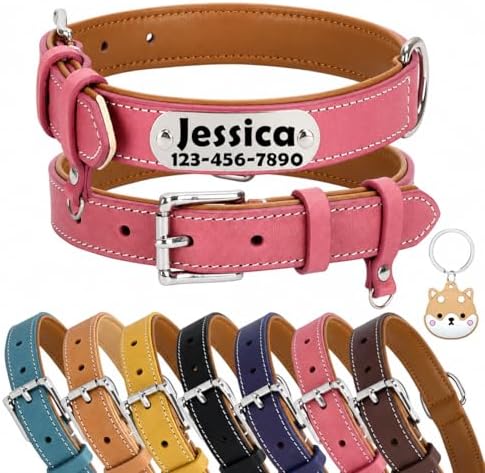 Personalized Leather Dog Collar with AirTag Holder Case, Custom Engraved Nameplate Dog Collar, Adjustable Genuine Leather Soft Padded Dog ID Collar for X-Small Small Medium Large X-Large Dogs-Pink-L