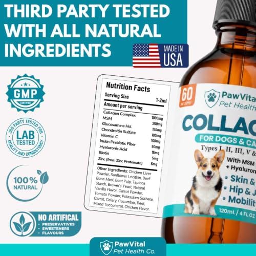 Liquid Collagen for Dogs – 1000mg 5 Types Grass-Fed Collagen Peptides (I, II, III, V & X) with MSM, Glucosamine, Chondroitin, Hyaluronic Acid – Skin & Coat, Itch Relief, Hip & Joint Support – 4oz