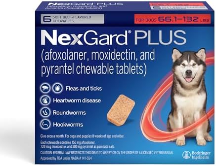 NexGard Plus (afoxolaner, moxidectin, and pyrantel) Flea and Tick Protection & Heartworm Preventive for Dogs Soft Beef Flavored Chewables, 66.1-132 lbs. (Red) 6 Chews (6 Month Supply)