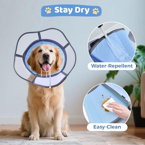Soft Dog Cone Collar After Surgery Recovery,Adjustable E-Collar with Removable Shield,Lightweight,Breathable Anti-Licking Protective Cone for Large,Medium,Small Pets (Blue, L (Neck:15.5''-19''))