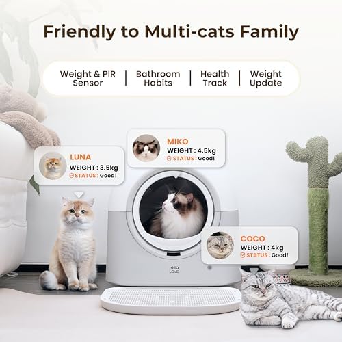 HHOLOVE Self Cleaning Cat Litter Box TY Pro, 60L Extra Large Open Automatic Litter Box App Control, Anti-Pinch for Multi Cats 3-20lbs, Advanced Odor Control with Mat&Liner(Grey)