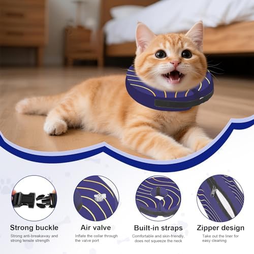Adjustable Inflatable Dog Cone Collar for Surgery Recovery, Soft Cone for Dogs & Cats, Portable & Washable Dog Donut Collar, Large Cat Cone E Collar (Indigo M)