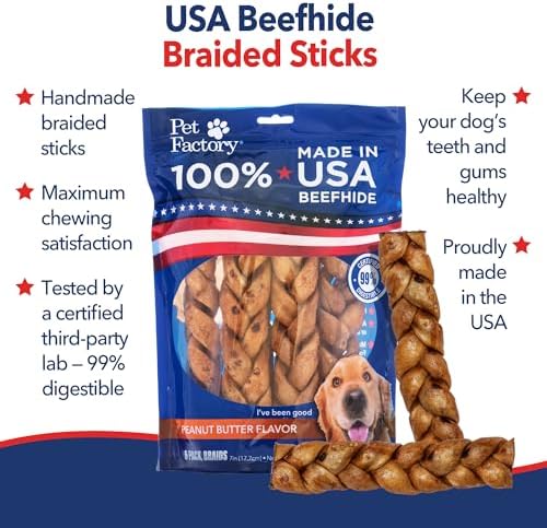 Pet Factory 7in Braided Beefhide Dog Chew Sticks with Peanut Butter Flavor - 100% USA Made Rawhide Chews for Medium Dogs,Long Lasting Dental Health,7 inches,6 Count (Pack of 2)