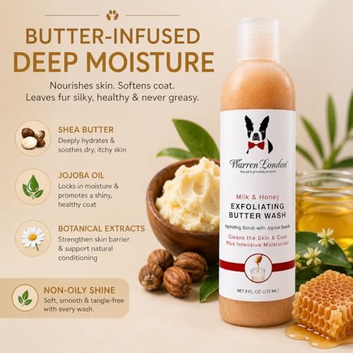 Warren London Exfoliating Butter Wash – Milk & Honey Dog Shampoo, 1-Gallon Pro Size | Cleans, Exfoliates & Deep-Conditions | Jojoba Beads Remove Dandruff & Itch | Dilutable, Non-Oily Shine | USA Made