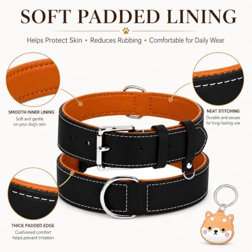 Genuine Leather Dog Collar, Soft Padded Leather Dog Collars with Airtag Holder Case for Small Medium Large X-Large Dogs,Comfort Heavy Duty Pet Collar with Durable Metal Buckle & D-Ring-Black/XS