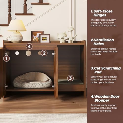 Halitaa Cat Litter Box Enclosure with Scratch Pad, Hidden Litter Box with Soft-Close Hinges, Modern Fluted Cat Litter Box Furniture, Dog Proof Litter Box Cabinet, Side Table, Walnut