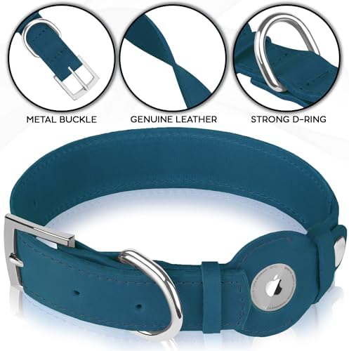 Leather Dog Collar with Airtag Holder - Apple Air Tag Dog Collars - Soft Tracking GPS Pet Collar for Small Medium Large Dogs Breed Puppy (Smoky Blue, M, 12"-15" Neck Fit)