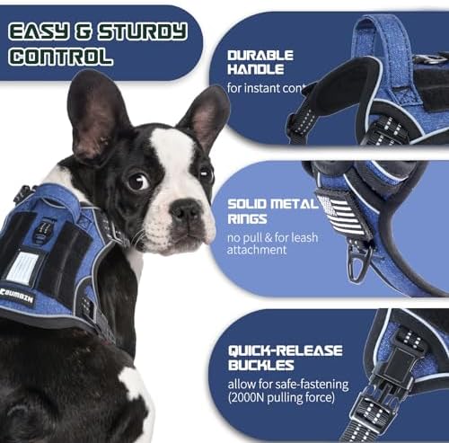 BUMBIN Tactical Dog Harness for Small Dogs No Pull, Famous TIK Tok No Pull Puppy Harness, Fit Smart Reflective Pet Walking Harness for Training, Adjustable Dog Vest Harness with Handle Denim Blue XL