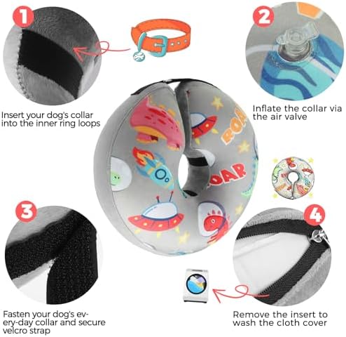 PAWCHIE Inflatable Dog Cone Collar Alternative, Soft Dog Cone for Medium to Large Dogs After Surgery, Adjustable Neck Recovery E-Collars Donut Collar with Cute Dinosaur Prints, Grey XL