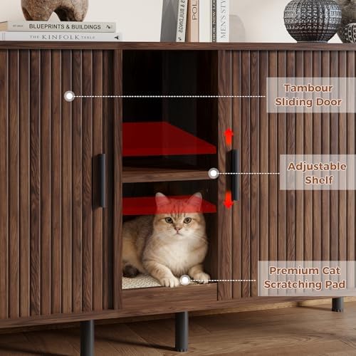 58" Double Cat Litter Box Enclosure, Large Hidden Litter Box Furniture for 2 Cats with Cat Scratch Pad, Mid Century Modern Indoor Cat House with Double Room, TV Stand, Side Table, Walnut