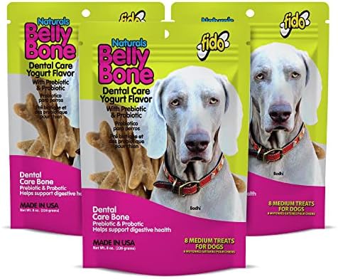 Fido Belly Bones for Dogs, Medium - 8 Count, Pack of 3 - Yogurt-Flavor Dental Treats for Medium Dogs - Plaque & Tartar Control for Fresh Breath - Digestive Support - Made in USA (24 Total)