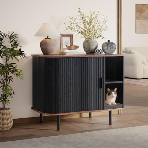 Cat Litter Box Enclosure, Kitty Hidden Litter Box Furniture with Scratch Pad, Modern Indoor Cat House, Sliding Door, Adjustable Shelf for Dog Proof, Black