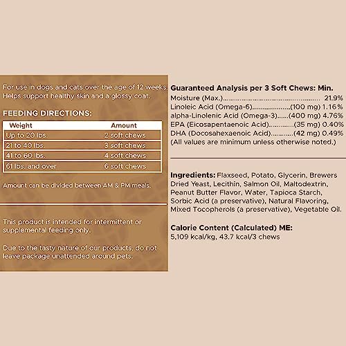 Omega 3 Fish Oil for Dogs, Peanut Butter - 360 Soft Chews for Skin and Coat