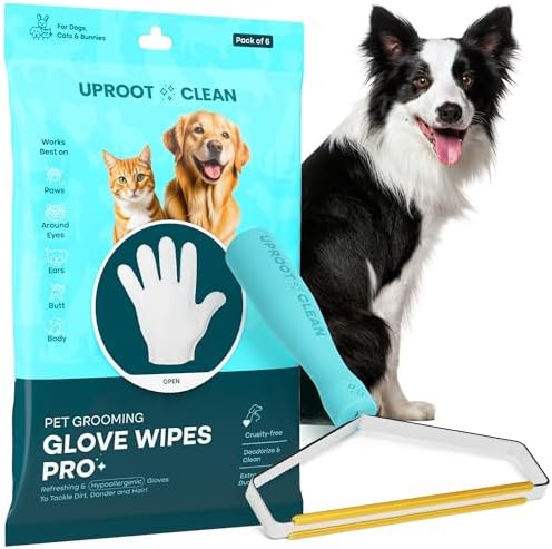 Uproot Cleaner Pro Pet Hair Remover + Clean Glove Wipes Pro (6 Pack) Set: The Ultimate Pet Hair Removal Tool for Non-Knit Surfaces & Extra-Thick Dog & Cat Wipes for Paws, Eyes, Ears, Butt & Body