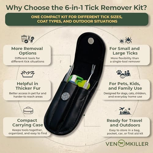VENOMKILLER 6-in-1 Tick Remover Kit – Tick Removal Tool Set with Stainless Steel Tick Tweezers, Tick Card, Hooks & Leather Case – Tick Remover for Dogs, Cats & Humans