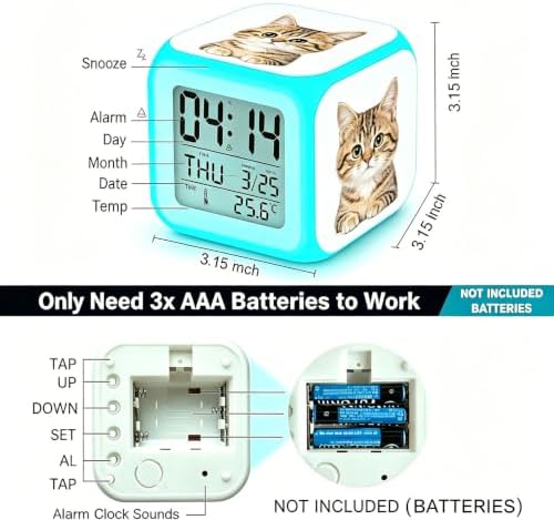 Wake Up Light Tabby Cat Cube Alarm Clock, Battery Powered 7 Color Changing LED Light, Calendar Thermometer Animal Print Kids Bedside Decor Gift