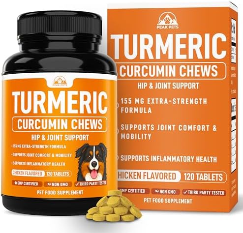 Turmeric for Dogs (155mg) Turmeric Curcumin Supplement for Dogs with BioPerine - Immune System Hip, Mobility & Joint Support - 120 Chicken Flavor Chewable Tablets - Third Party Tested & Non-GMO
