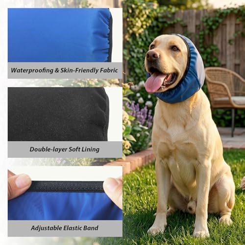 Adhiper Waterproof Dog Ear Muffs & No Shake Ear Wraps (Blue/Large)