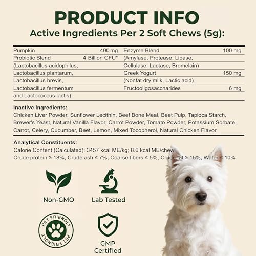 Probiotics for Dogs - Dog Probiotics for Digestive Health - 40 Billion CFU Dog Probiotic FOS Enzymes Pumpkin - Daily Gut Health for Sensitive Stomach Diarrhea Relief, Chicken Flavor, 12Ct
