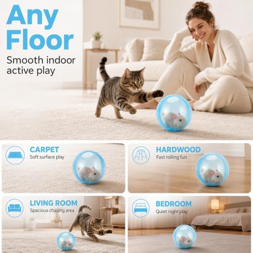 Interactive Cat Toy Ball, Rechargeable Self-Rolling Cat Toy Ball, Electric Hamster Running Rolling Ball with Auto Obstacle Avoidance, Automatic Moving Cat Toys for Indoor Cats & Dogs, Hamster pink