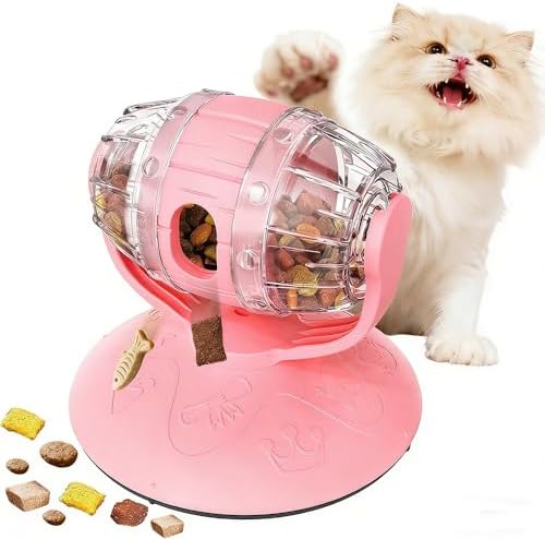 Cat Slow Feeder Toy,Beer Barrel Interactive Feeder for Cats,Interactive Mental Stimulation Food Dispenser for Indoor Cats,Slow Food Teasing Toy for Cats,Boredom Buster,Interactive Puzzle Feeder,（Pink）