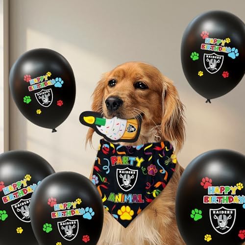 NFL LAS Vegas Raiders Dog Birthday Party Set 8pcs with 1 Football Bandana Large/X-Large, 1 Birthday Cake Toy & 6 B-Day Balloons, Dog Birthday Set, Costume, Fun Doggie Party Accesories