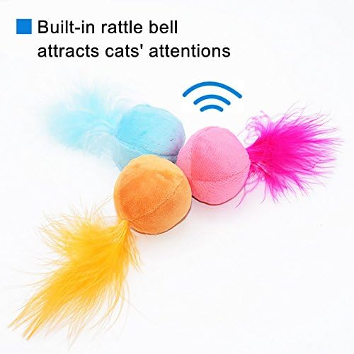 Furry Rattle Ball Cat Toy with Feather and Catnip - Interactive Pom Pom Balls for Cats, Soft and Lightweight, 2 Inch, 6 Pack.