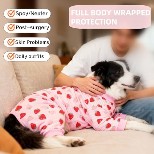 Recovery Suit for Dogs Full Zipper, Four-Legged Onesie Dog Recovery Suit After Surgery Cute Soft Bodysuit Cone Alternative Male Female Neuter Anti Licking Wounds (Pink Strawberry, 2X-Large)