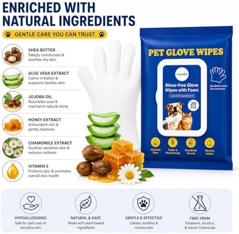 Pet Cleaning Gloves Wipes for Dogs & Cats – Disposable Grooming Gloves for Paws, Ears, Teeth & Body – Gentle & Easy No-Rinse Cleaning (20 Count)