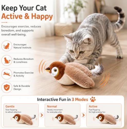 Tweetpaw Cat Toy with 3 Flapping Modes and Catnip, Realistic Chirping Sound, Rechargeable Interactive Toys for All Breeds Cat，Brown