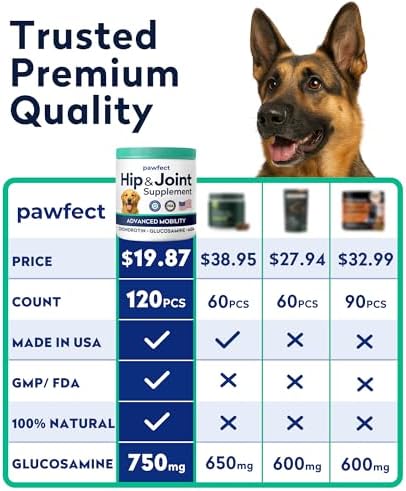 Pawfect Mobility Glucosamine Chews for Dogs - Hip & Joint Health Supplement Chews w/Omega-3, Chondroitin, MSM - Made in USA - Joint Pain Relief - Hip & Joint Care - 120ct