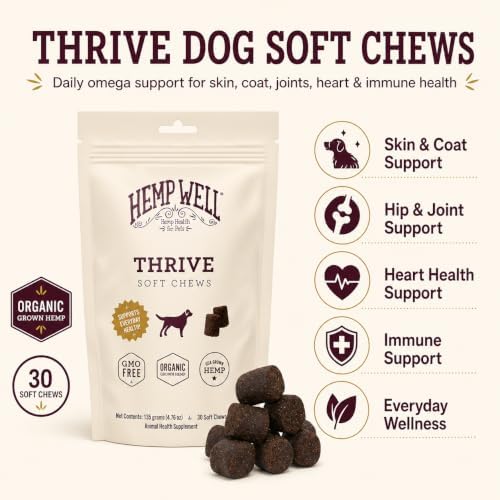 Hemp Well Thrive Dog Soft Chews with Organic Hemp, Omega 3 & 6, 30 Count