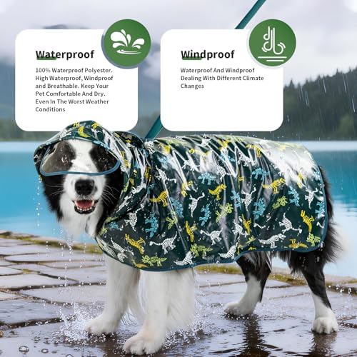 Dog Raincoat,Dog Rain Jacket Poncho with Hood and Leash Hole(Dinosaur,L)