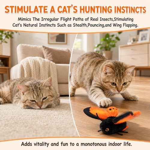 Smart Sensing Flapping Butterfly Toy Interactive Cat, Interactive Butterfly Cat Toy, Rechargeable Touch Activated Kitten Toy, Durable Plush Build for Bored Indoor Cats (Gold)