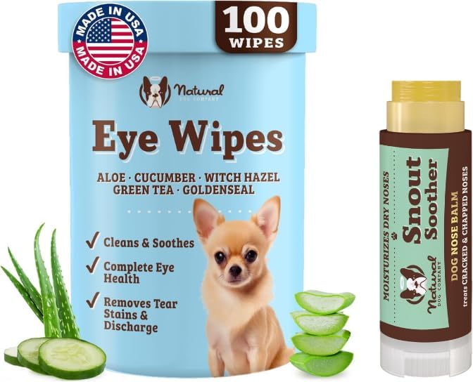 Natural Dog Eye Wipes & Snout Soother Travel Stick Bundle – Tear Stain Remover Wipes 100ct + Dog Nose Balm for Dry Noses 0.15oz, Gentle, Natural Ingredients, Lick-Safe, Travel-Friendly Dog Care Set