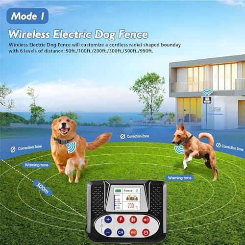 Dog Wireless Fence & Remote Shock Dog Training Collar 2-in-1, Electric Dog Fence, Adjustable Warning Strength & Range Sizes, Rechargeable Pet Boundary Containment System for 1/2/3/4 Dogs,for1dog