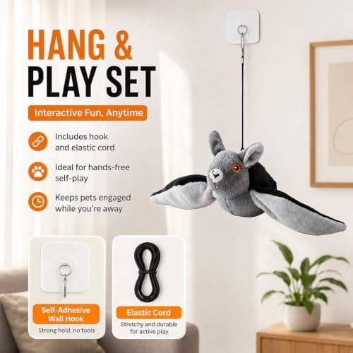 Flying Bat Toy for Dogs & Cats Realistic Bat Flight Flapping Wings Interactive Pet Toy with Chirping Mimics Real Flying Motion Detachable USB Rechargeable Hanging and Ground Play，1set
