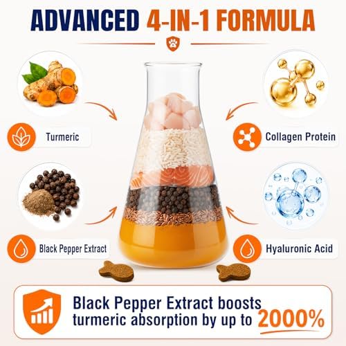 New Upgrade 4 in 1 Advanced Joint Supplement for Dogs Anti Inflammatory Pain Relief Joint Health Turmeric Collagen Hyaluronic Acid Pepper Cartilage Joint Lube All Dog Breeds Chicken 150 Chews
