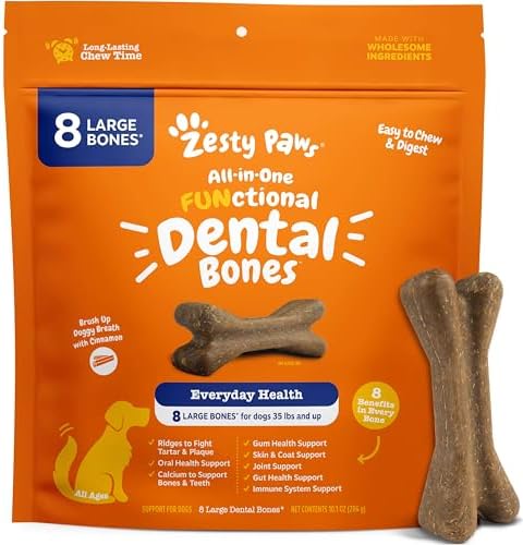Zesty Paws Dental Dog Bones for Large Dogs - for Tartar & Plaque, 8 Ct