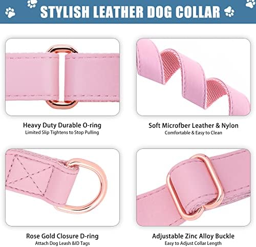 Soft Leather Martingale Dog Collar - Adjustable Rose Gold Limited Slip Collars [Easy to Clean], Stylish Durable Heavy Duty Nylon No Pull Training Collar for Small Medium Large Dogs L Pink