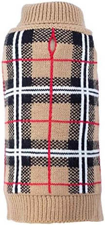 THE WORTHY DOG Sleeveless Pullover Pet Sweater, Tan Plaid, Large