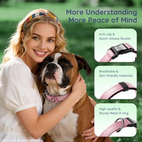 Reflective Dog Collar with AirTag Holder, Waterproof Dog Collar with QR Code, Heavy Duty Adjustable Pet Collar for Small Medium Large Dogs, Pink
