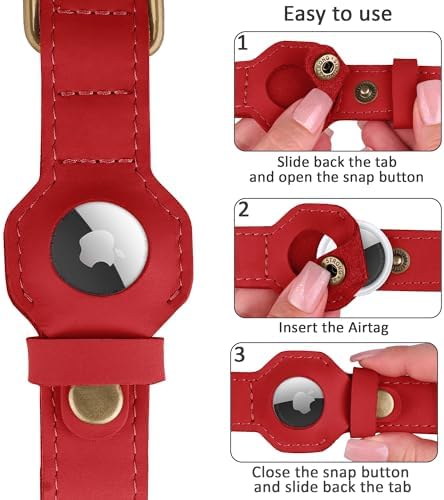 AirTag Dog Collar - Genuine Leather Dog Collar with Apple AirTag Holder and Metal Buckle - Smart GPS Tracking Pet Collars (Red, L, 17"-21" Neck Fit)