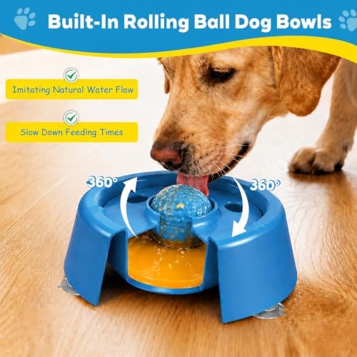 Senneny Slow Feeder Dog Licking Bowl with Rolling Ball,Slow Feeder with 3-Suction Base for Liquid Treats,Non-Slip Interactive Dog Enrichment Toy for Boredom Relief, BPA-Free for Various Dog Breeds