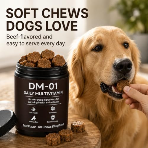 DM-01 Daily Multivitamin for Dogs,12-in-1Soft Chews with Probiotics,Salmon Oil,Glucosamine & MSM,500 Million CFU Digestive Support,Skin & Coat and Joint Wellness,Beef Flavor Dog Vitamins,60 Chews