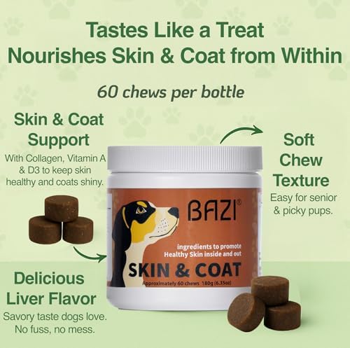 BAZI Skin & Coat Dog Chews – Collagen, Omega-3, EPA & DHA for Skin Health & Coat Shine – Antioxidant-Rich Supplement with Vitamin A & D3 – Supports Brain, Energy, and Balanced Blood Sugar