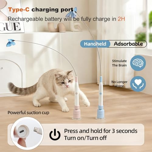 Interactive Cat Toys for Indoor Cats, Upgraded 360° Automatic Spin Butterfly, USB Rechargeable Electric Cat Teaser with Strong Suction Base, Enrichment Toy for Bored Cats (Pink)