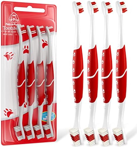 Pet Toothbrush for Dogs, Cats with Soft Bristles - Easy Teeth Cleaning & Dental Care, Non Slip Dual Head Dog Toothbrush for Medium & Large Pets, Toothpaste Not Included, Pack of 4 Red