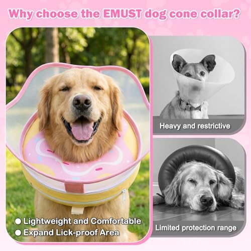 EMUST Inflatable Dog Cone Collar, Soft Cone for Dogs to Stop Licking, Comfortable, Lightweight Dog Donut Collar with Removable Clear Protective Shield After Surgery (Pink, Large)